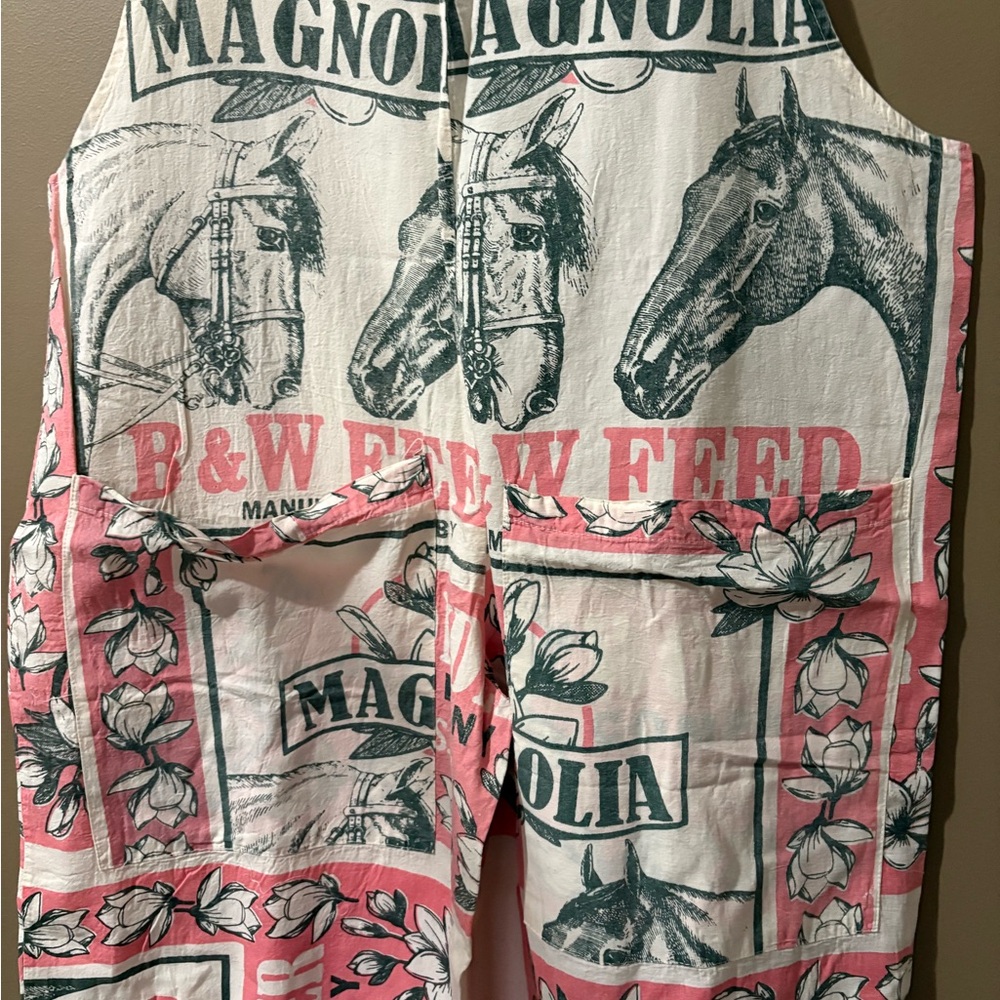 Hippie Flour Sack Overalls Horse and Magnolias Womens L/XL Pink Cream Handmade - Picture 7 of 8